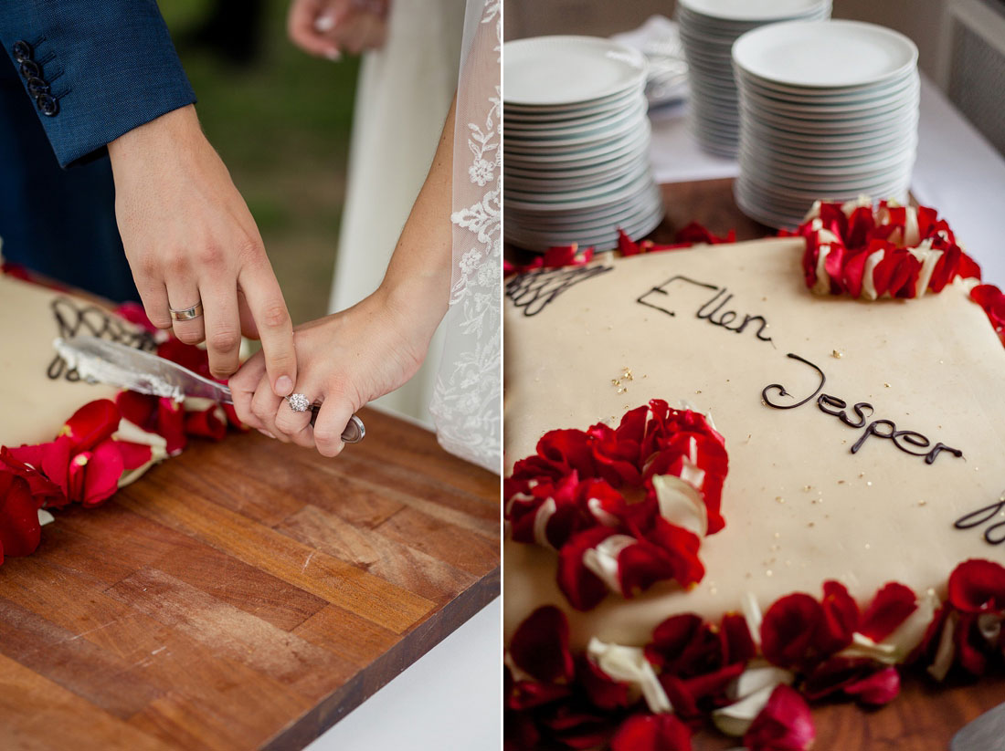 bride and groom cutting cake