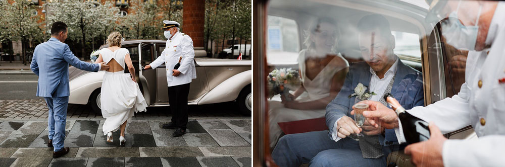 bride and groom in a rolls royce in Copenhagen