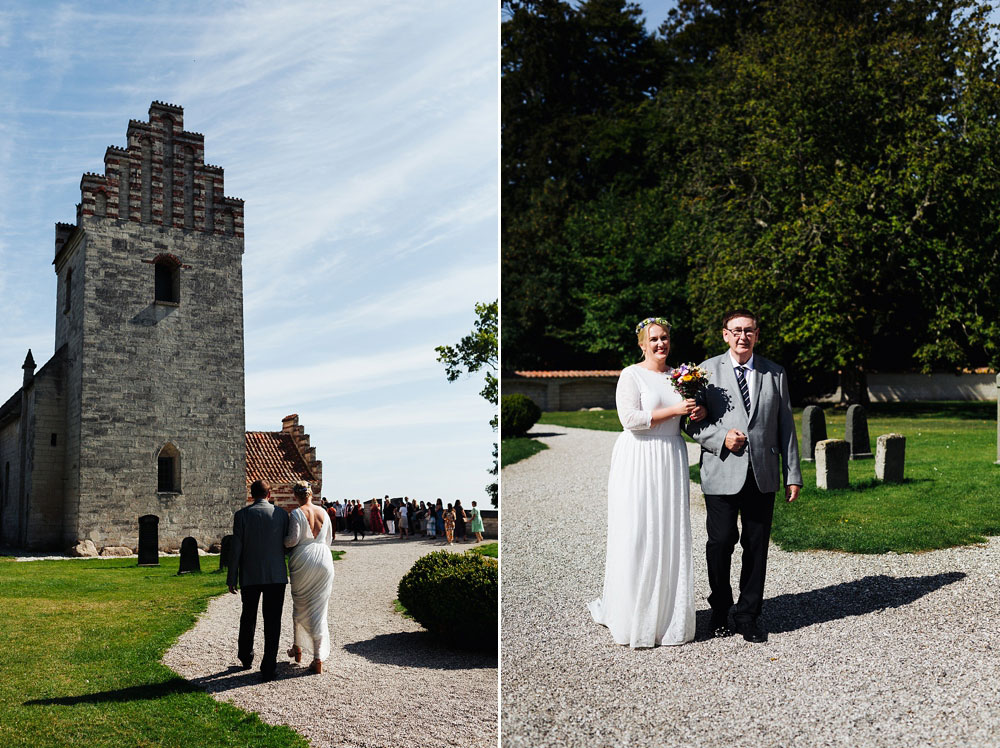 father of the bride walking the bride down the aisle in Stevns Klint