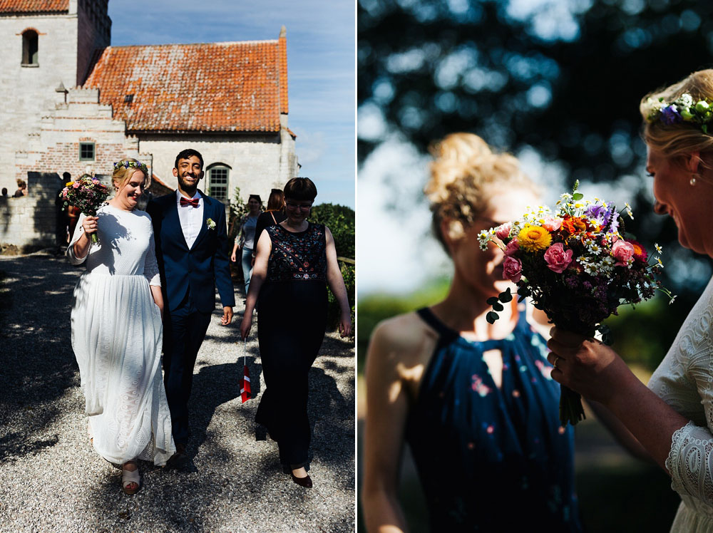 bride and groom leaving the church in Stevns Klint after their wedding ceremony