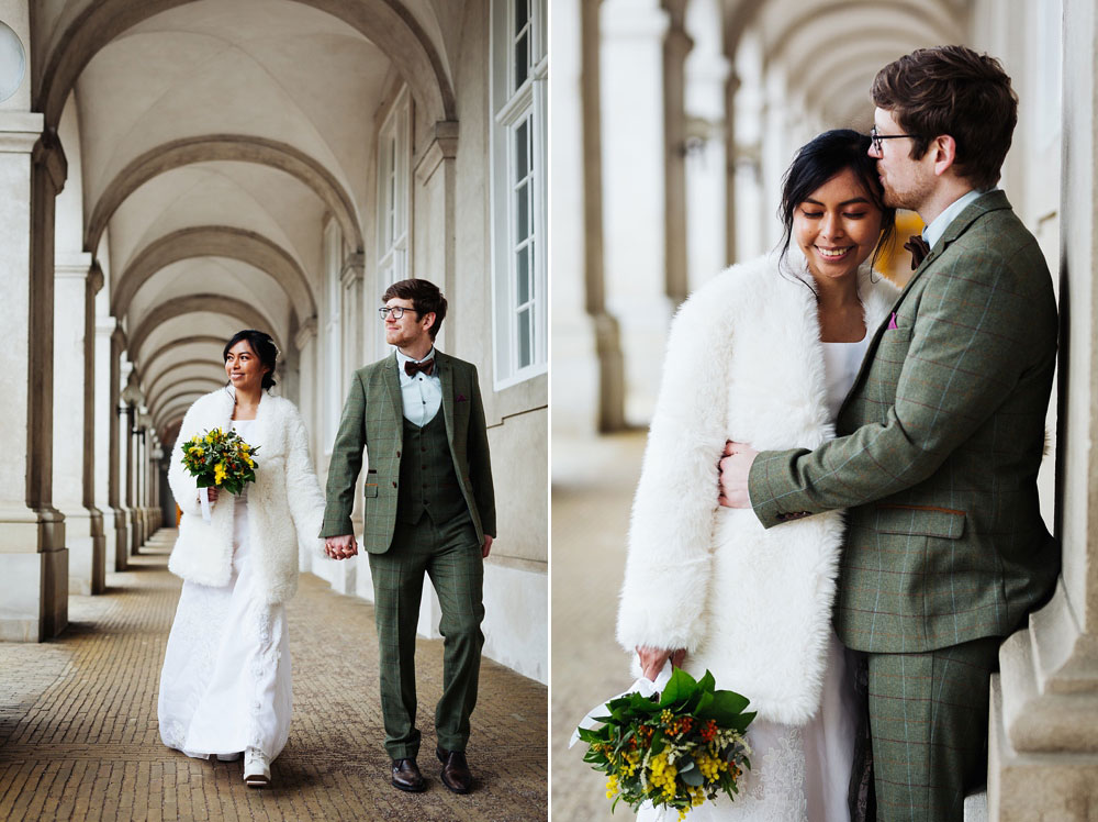 bride and groom in the streets of Copenhagen. Natural wedding photography in Copenhagen.