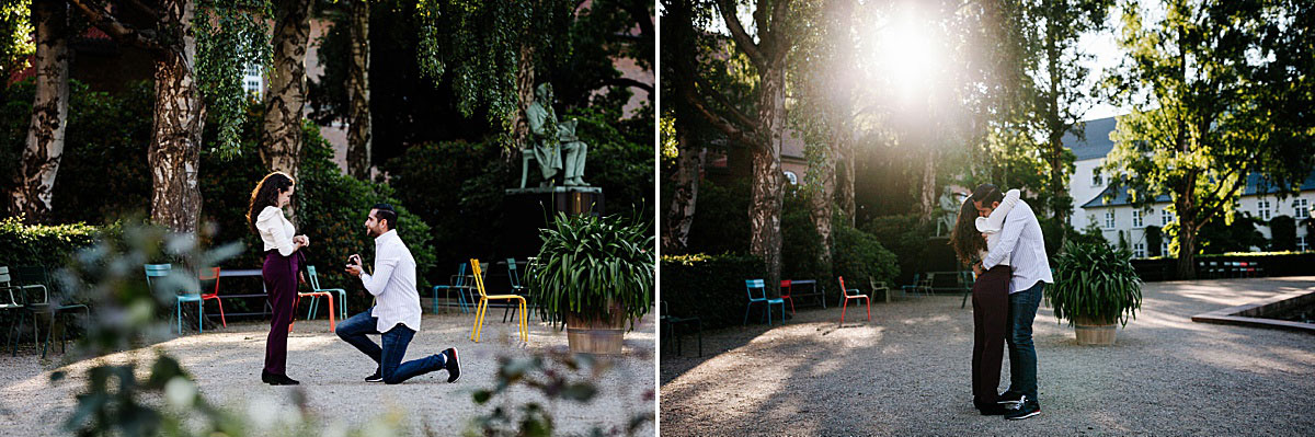 surprise proposal photoshoot at the Royal library garden in Copenhagen