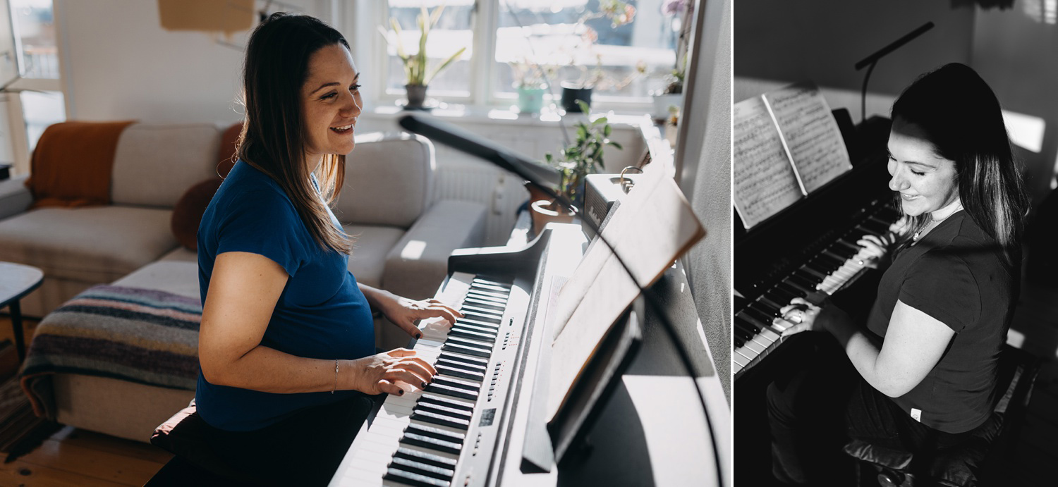 expecting woman playing the piano