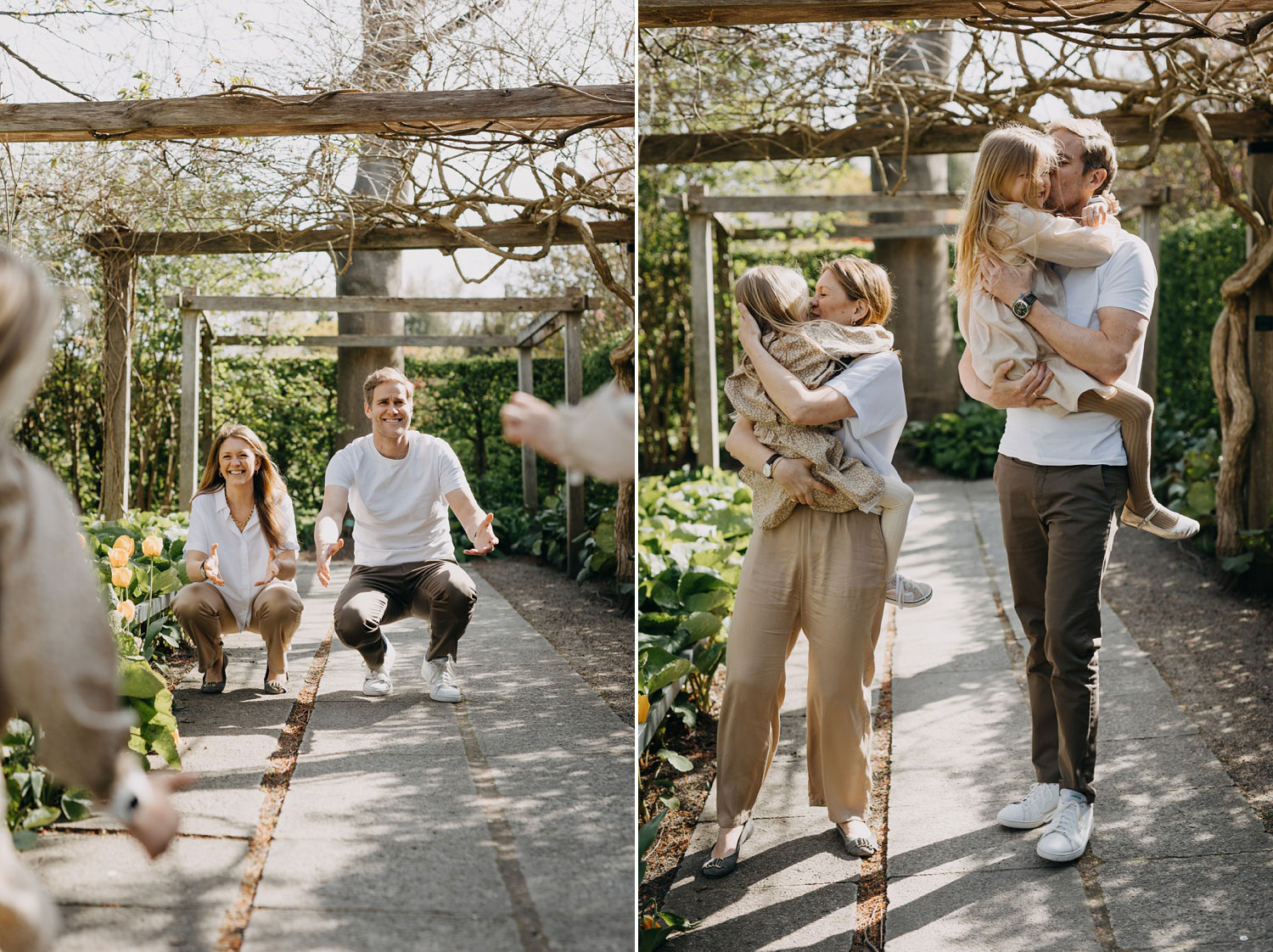 Family photo session in Copenhagen: A candid shot of a family sharing hugs and kisses in Frederiksberg Have