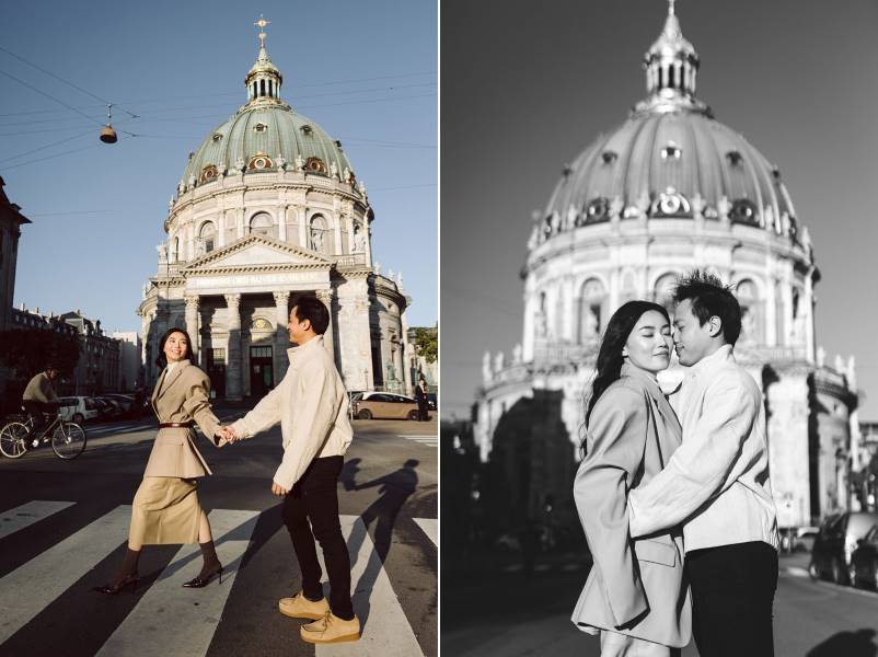 Candid moments of an engaged couple near Copenhagen’s Marble Church, with classic Danish architecture as a backdrop