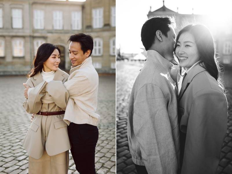 Engagement photoshoot at Amalienborg Palace in morning light