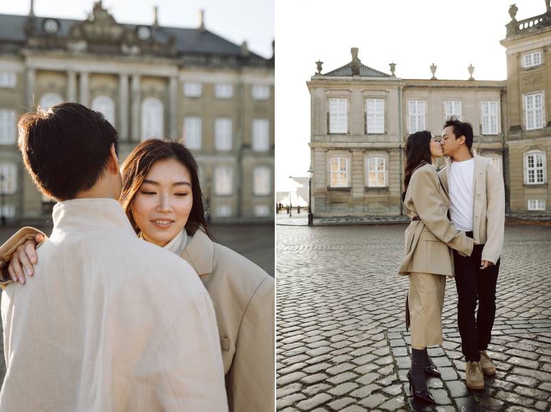 Engagement photoshoot at Amalienborg Palace in morning light