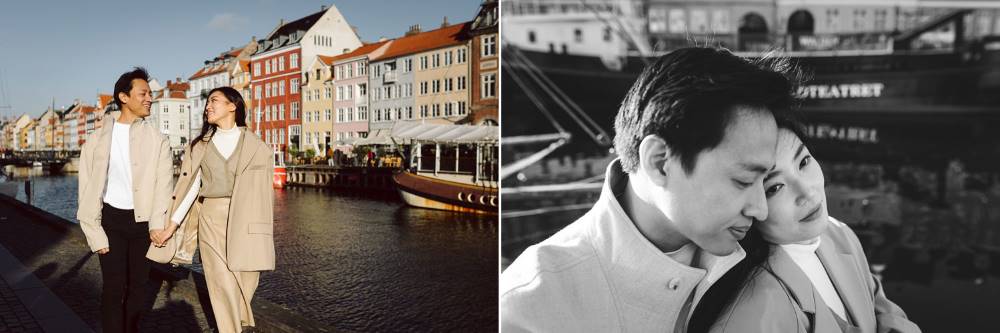 Scenic autumn engagement session in Copenhagen’s Nyhavn