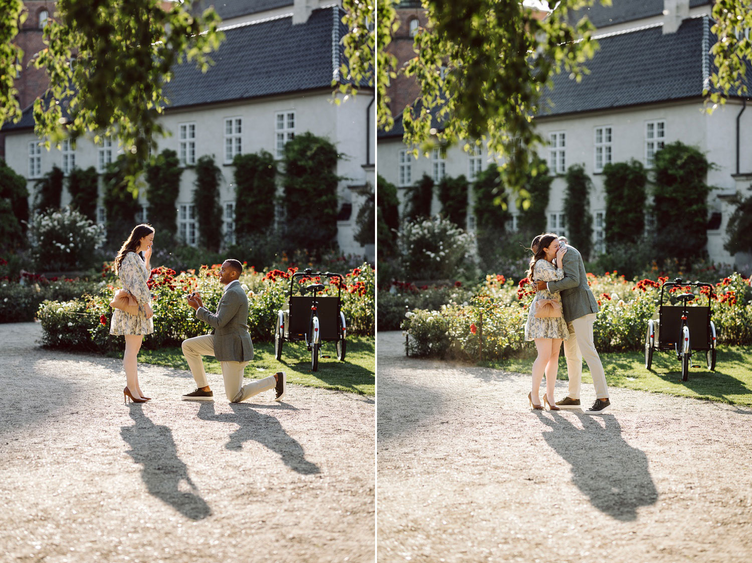 couple embracing moments after a surprise proposal in a peaceful garden setting in Copenhagen.