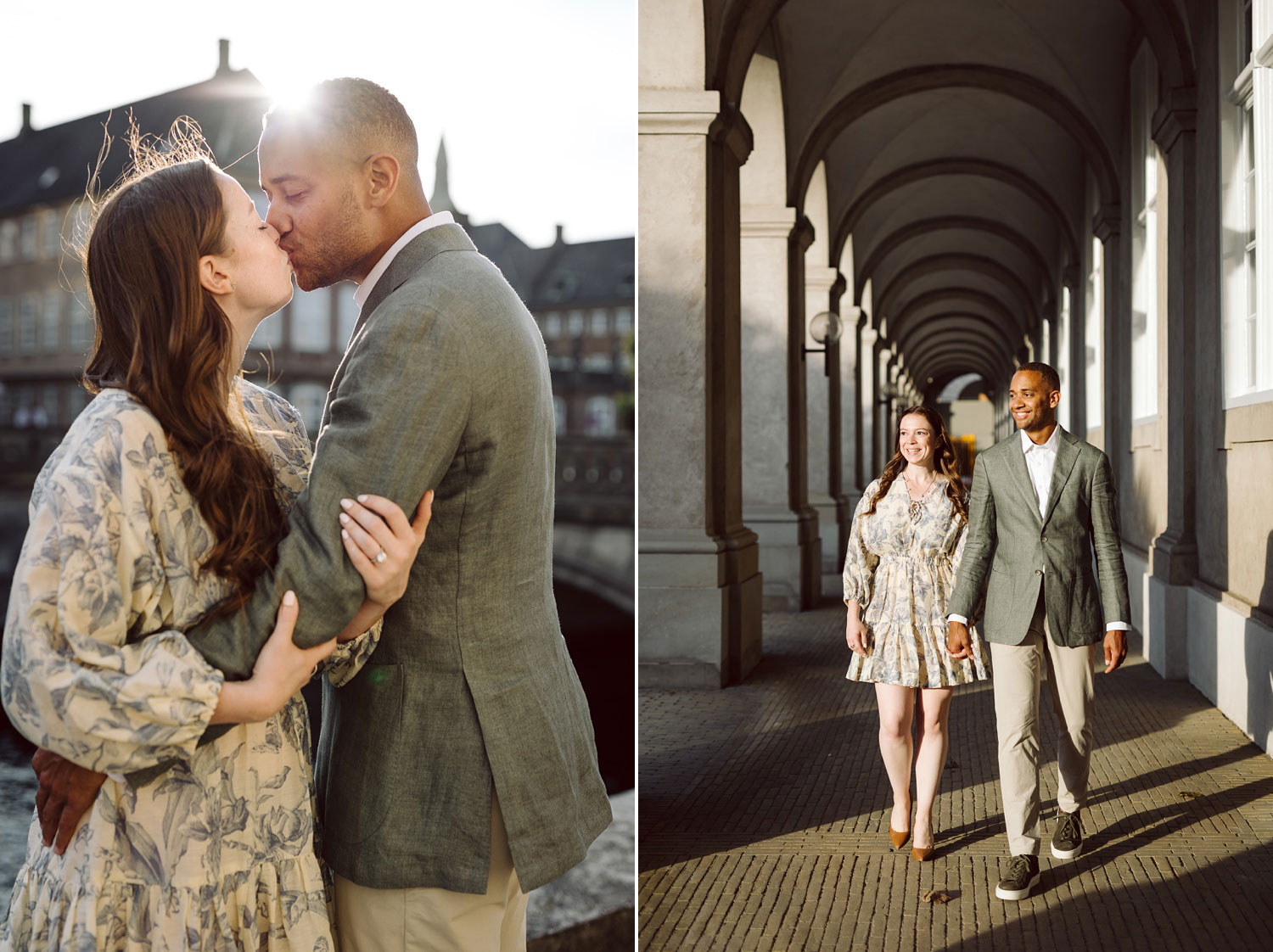 Couple sharing a kiss after saying yes during a golden hour proposal in Copenhagen