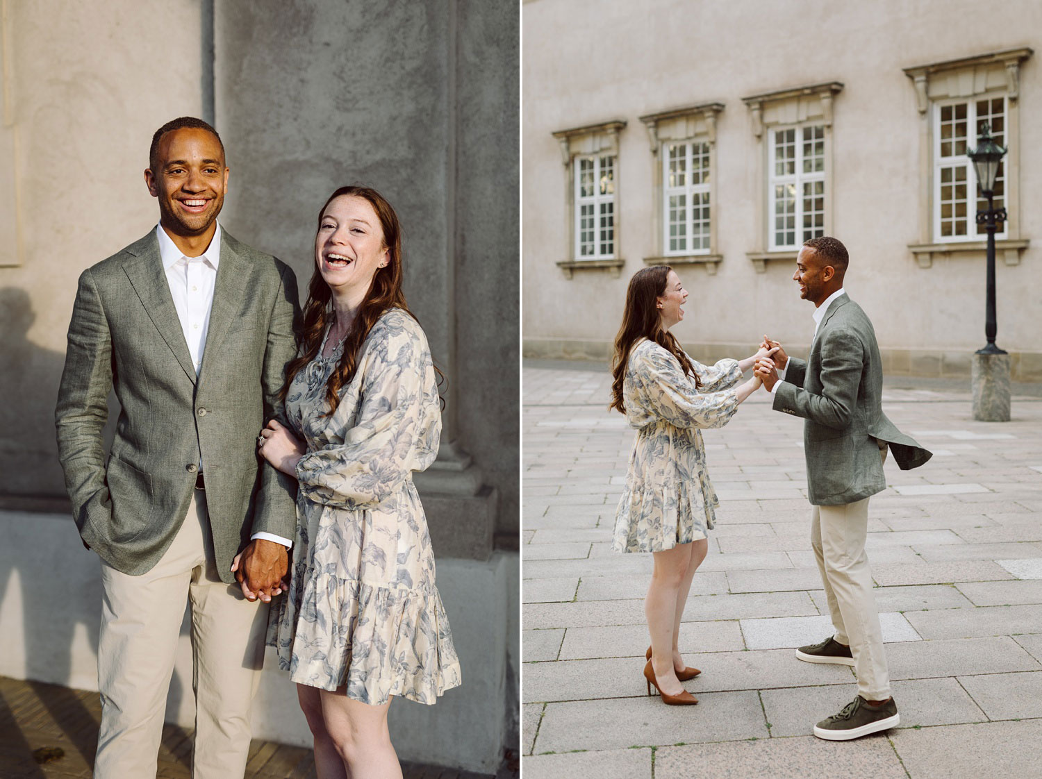 Smiling couple posing after their intimate summer proposal in Copenhagen