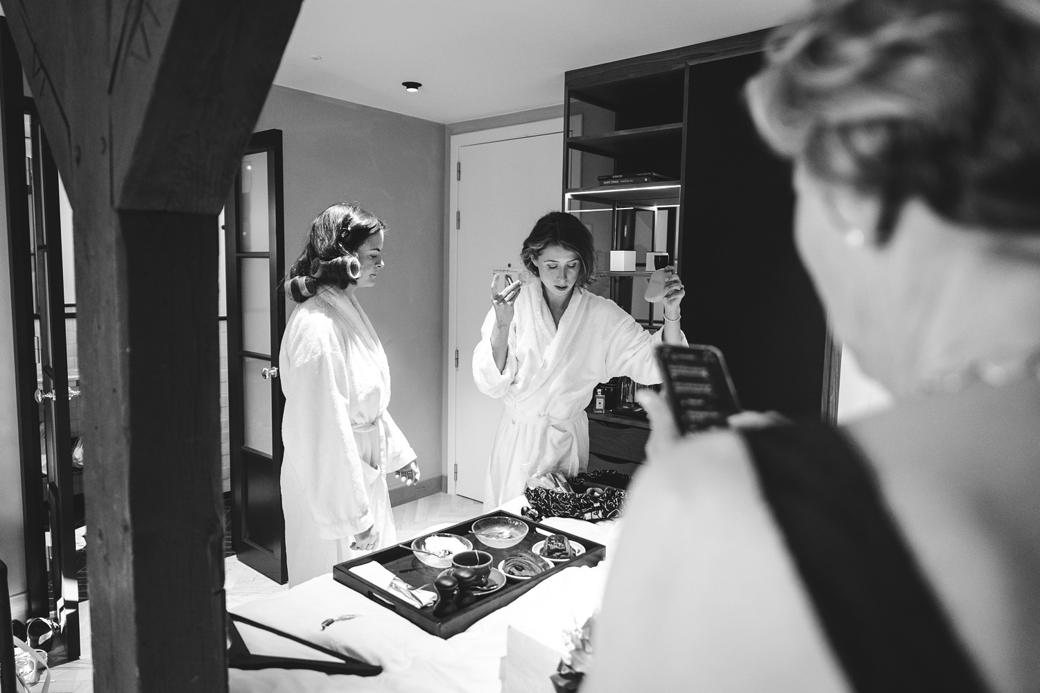 Bride getting ready at Hotel Villa in Copenhagen, Denmark