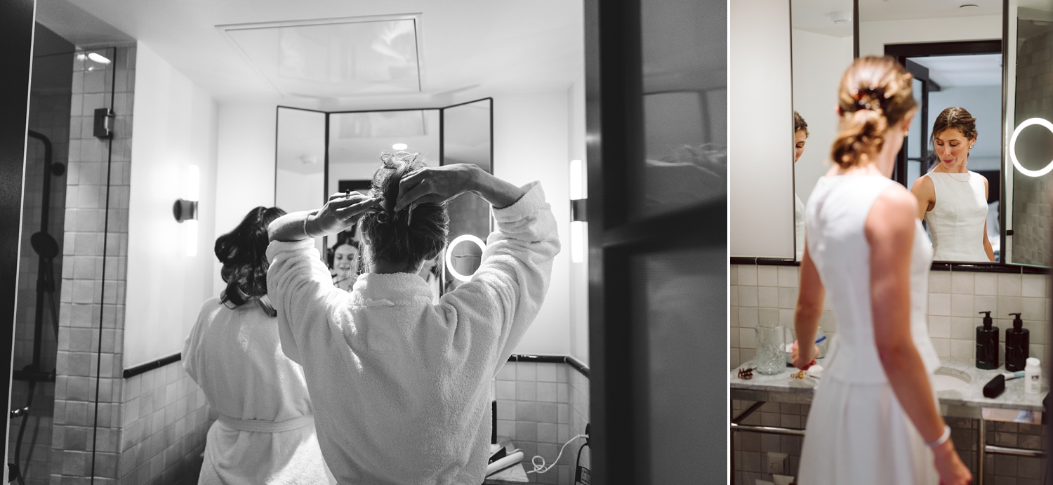 Bride getting ready at Hotel Villa in Copenhagen, Denmark