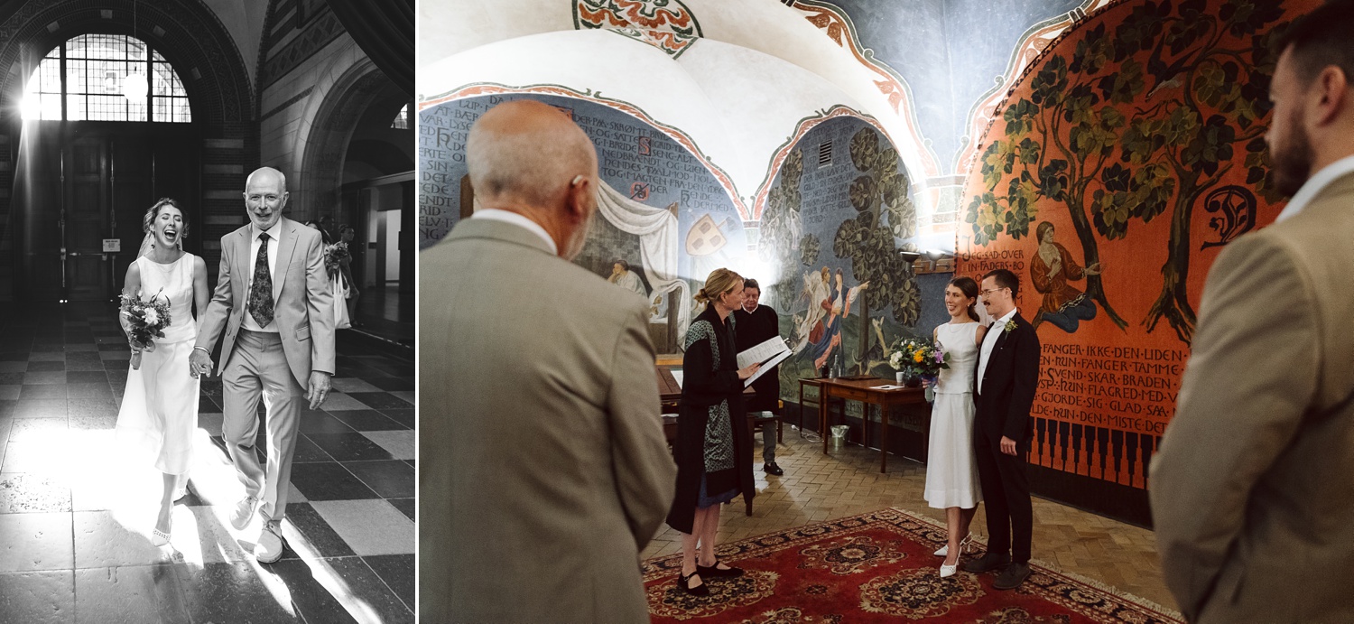 Civil wedding ceremony at Copenhagen City Hall – The couple exchanges vows in the historic city hall, surrounded by elegant architecture