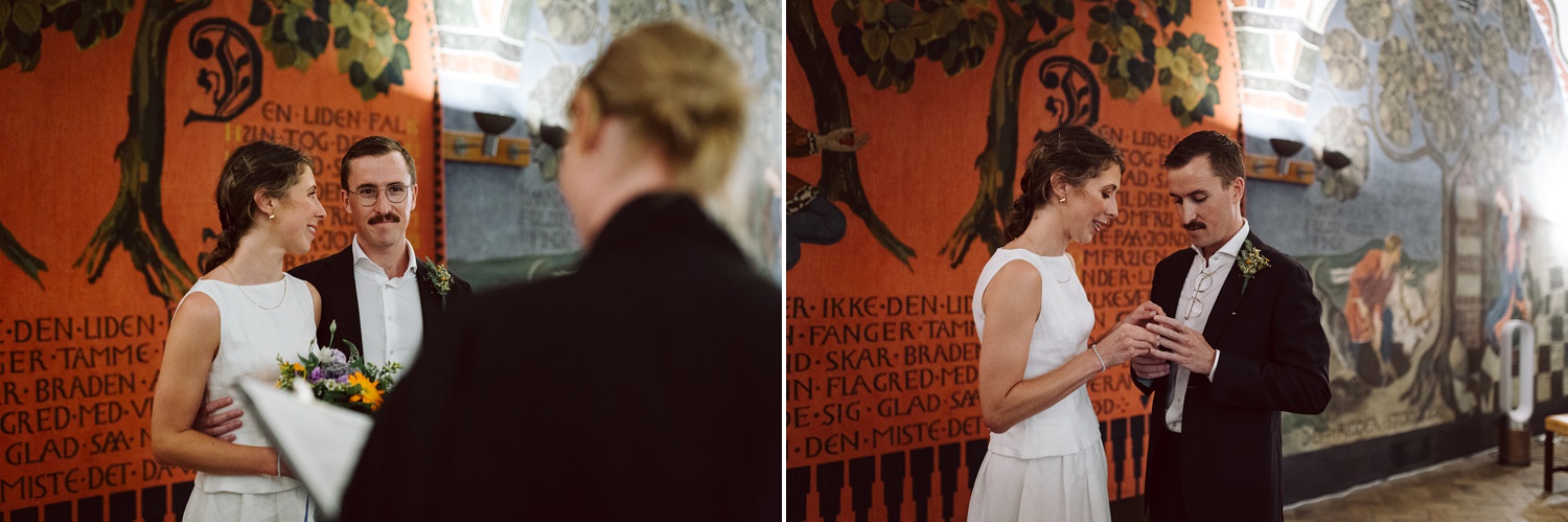 Civil wedding ceremony at Copenhagen City Hall – The couple exchanges vows in the historic city hall, surrounded by elegant architecture