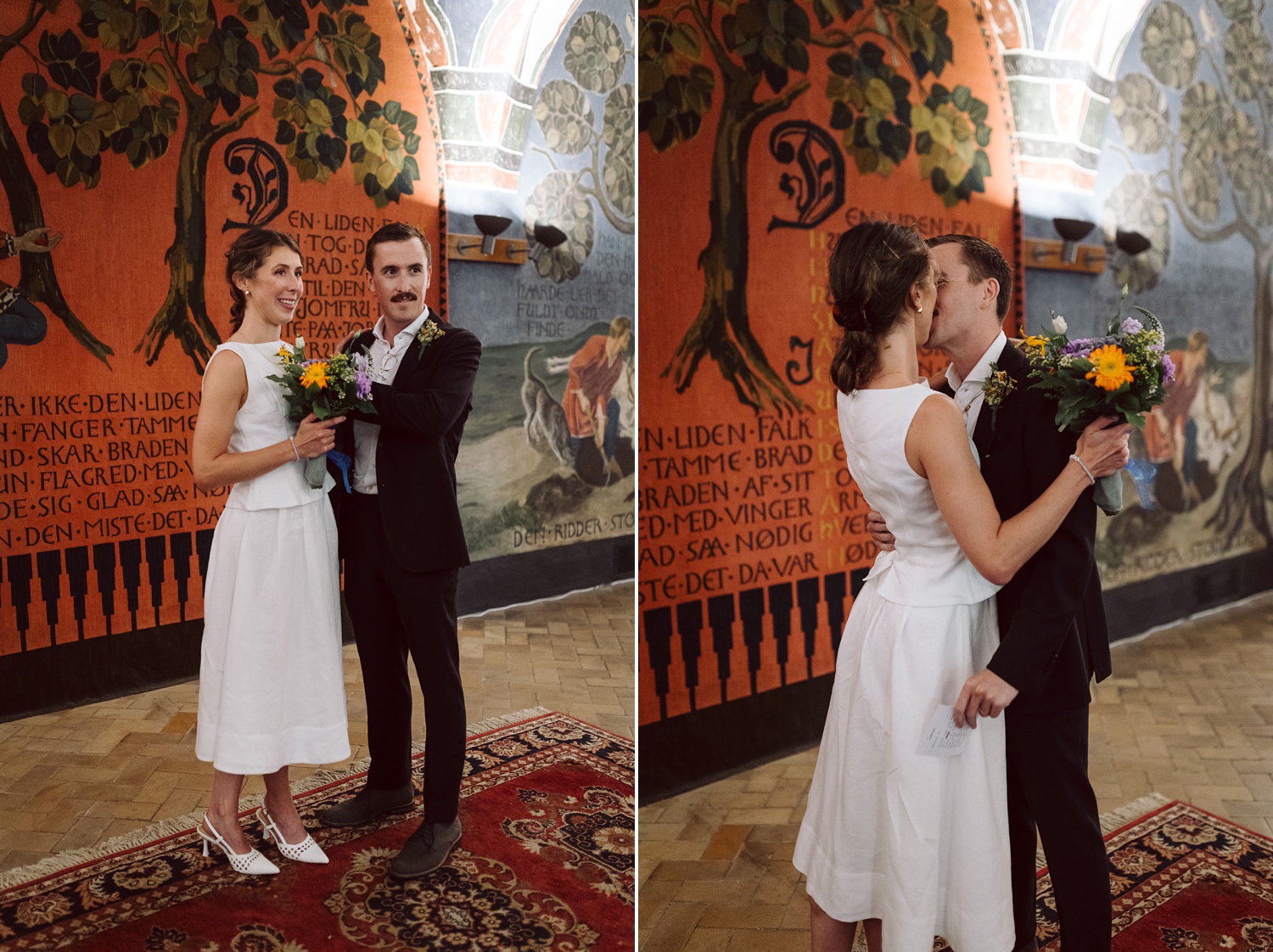 Civil wedding ceremony at Copenhagen City Hall – The couple exchanges vows in the historic city hall, surrounded by elegant architecture