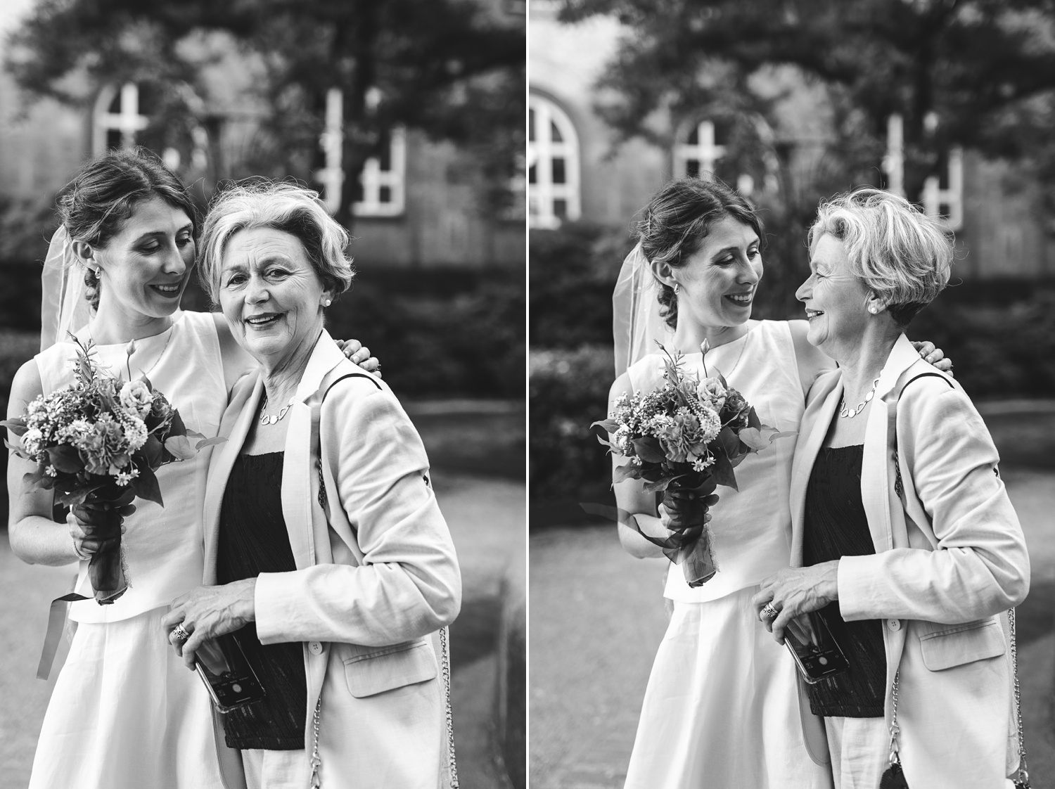 Emotional hug between bride and mother before the wedding at Copenhagen City Hall – A tender embrace as the bride’s mother holds her daughter close on her wedding day.