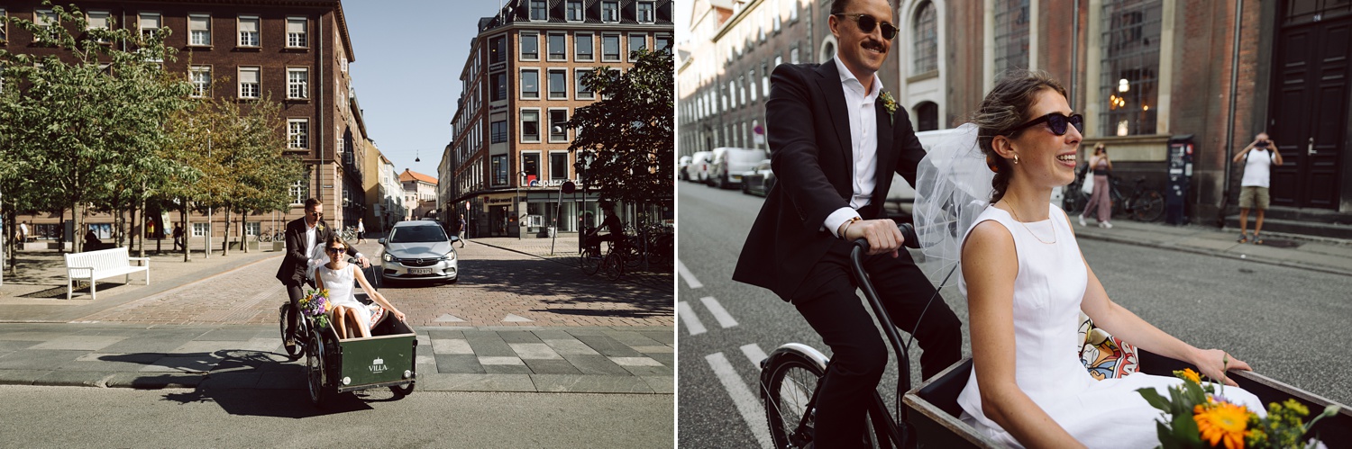 Groom playfully pedals a cargo bike through the streets of Copenhagen, with his bride laughing in the front