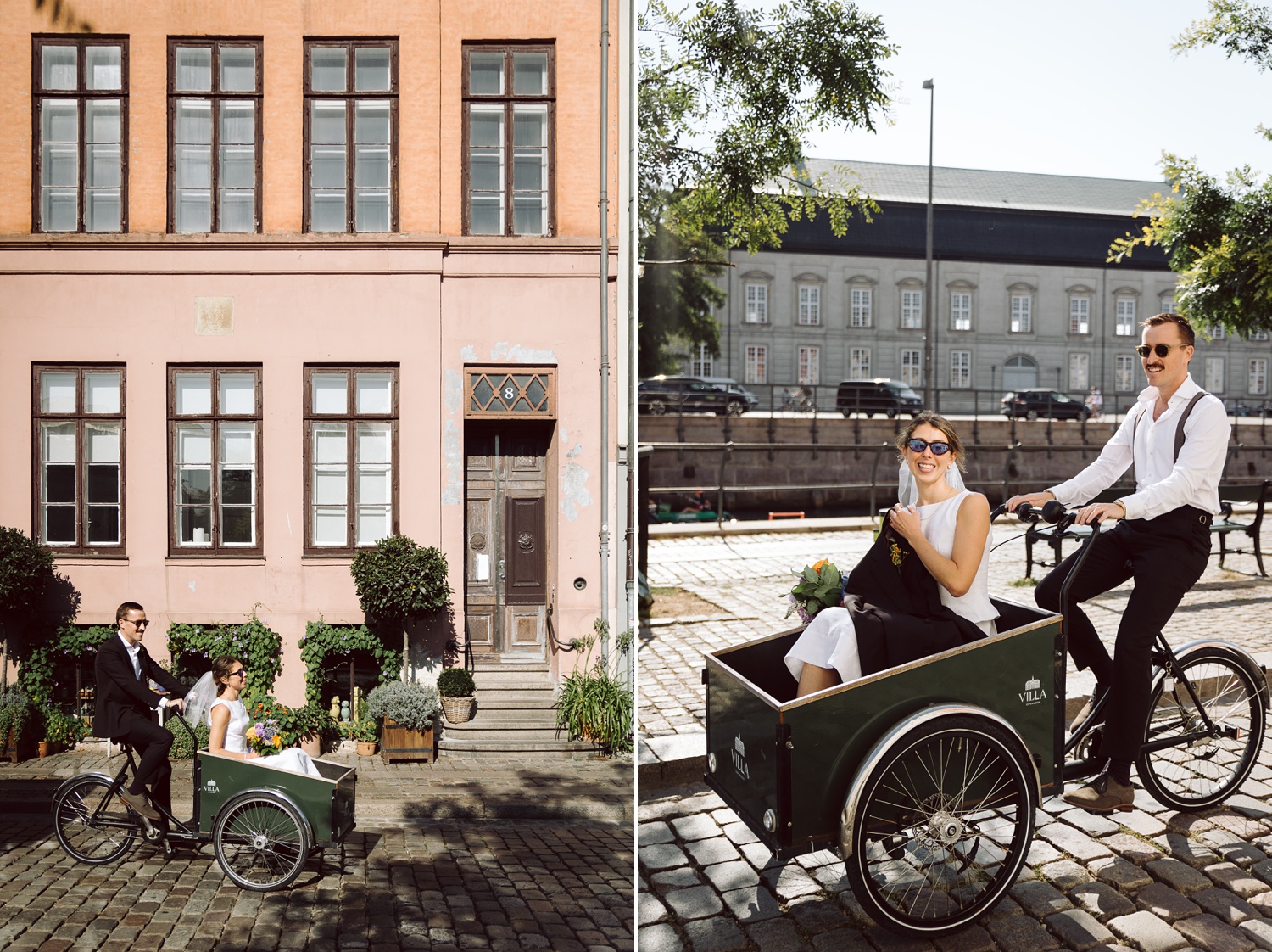 Groom playfully pedals a cargo bike through the streets of Copenhagen, with his bride laughing in the front