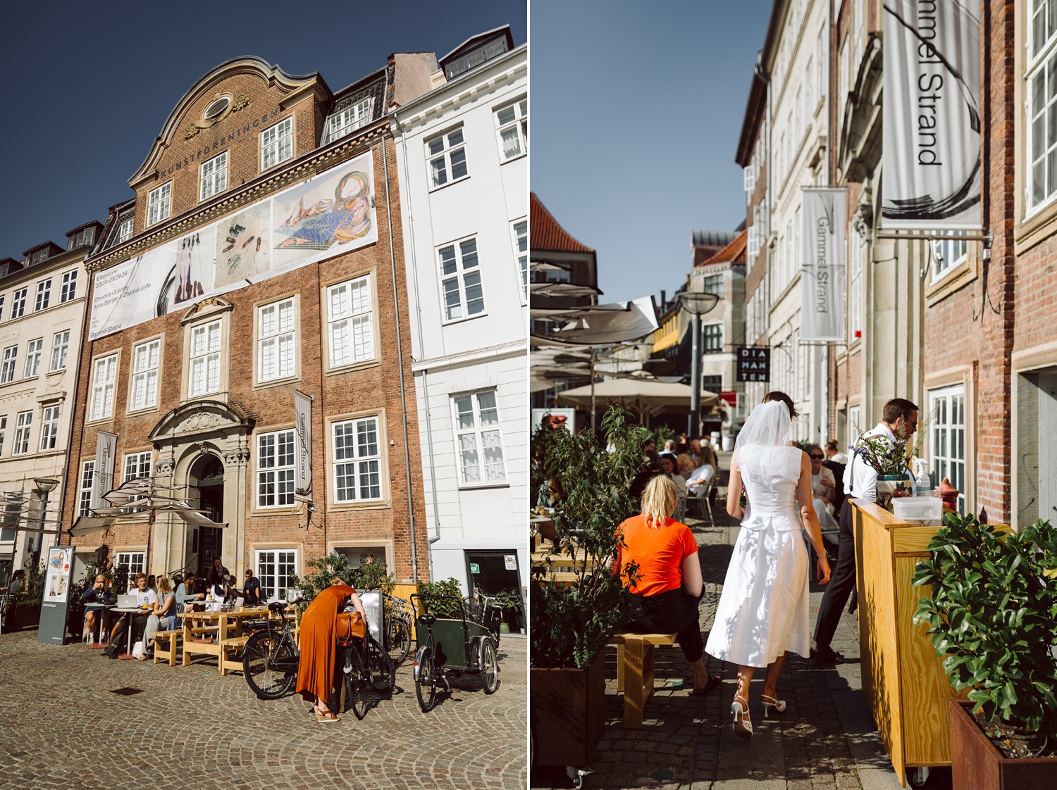 Intimate wedding reception at a Copenhagen café backyard – A cozy family gathering with Danish pastries, champagne, and heartfelt toasts in a charming courtyard