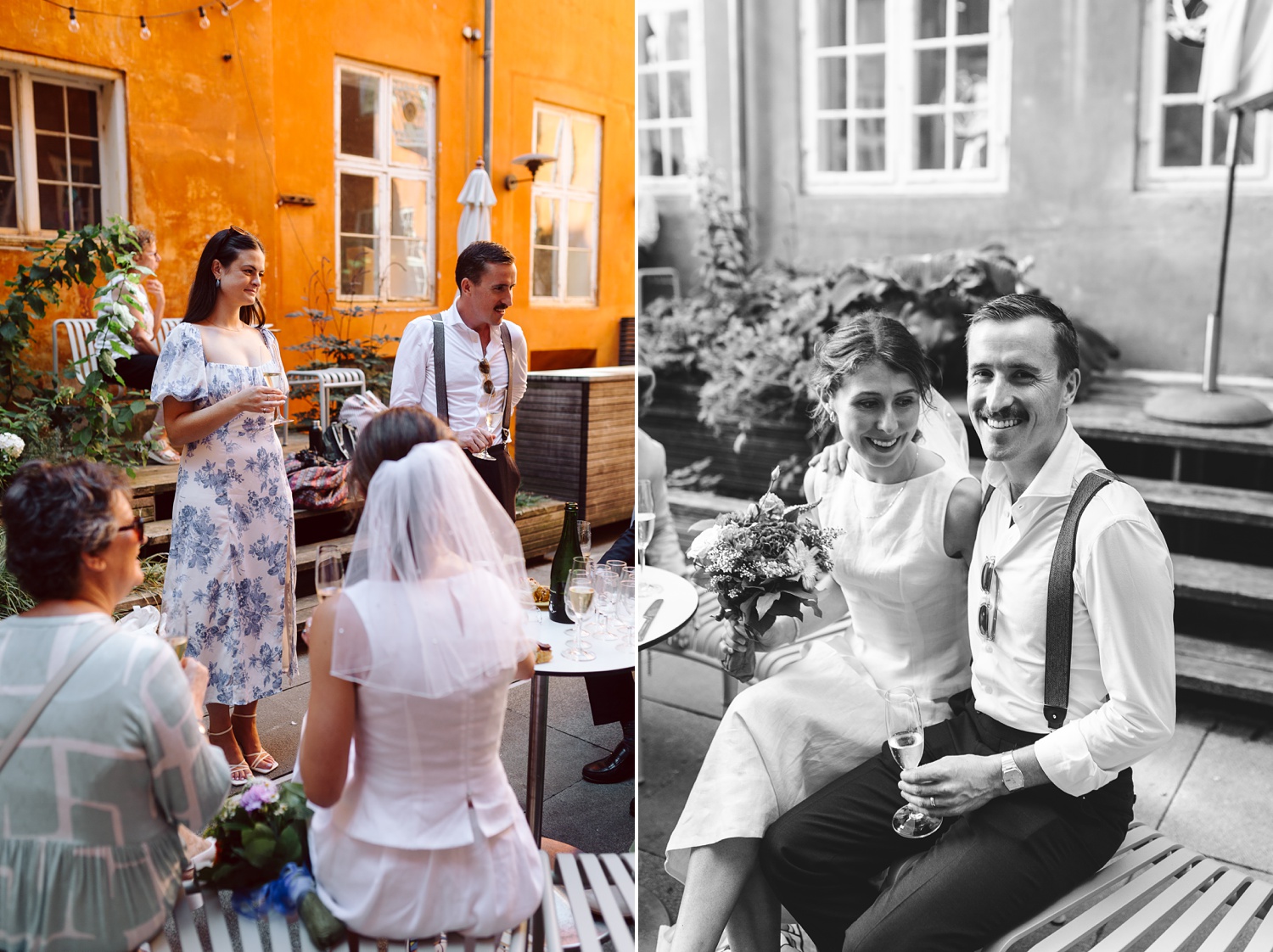 Intimate wedding reception at a Copenhagen café backyard – A cozy family gathering with Danish pastries, champagne, and heartfelt toasts in a charming courtyard