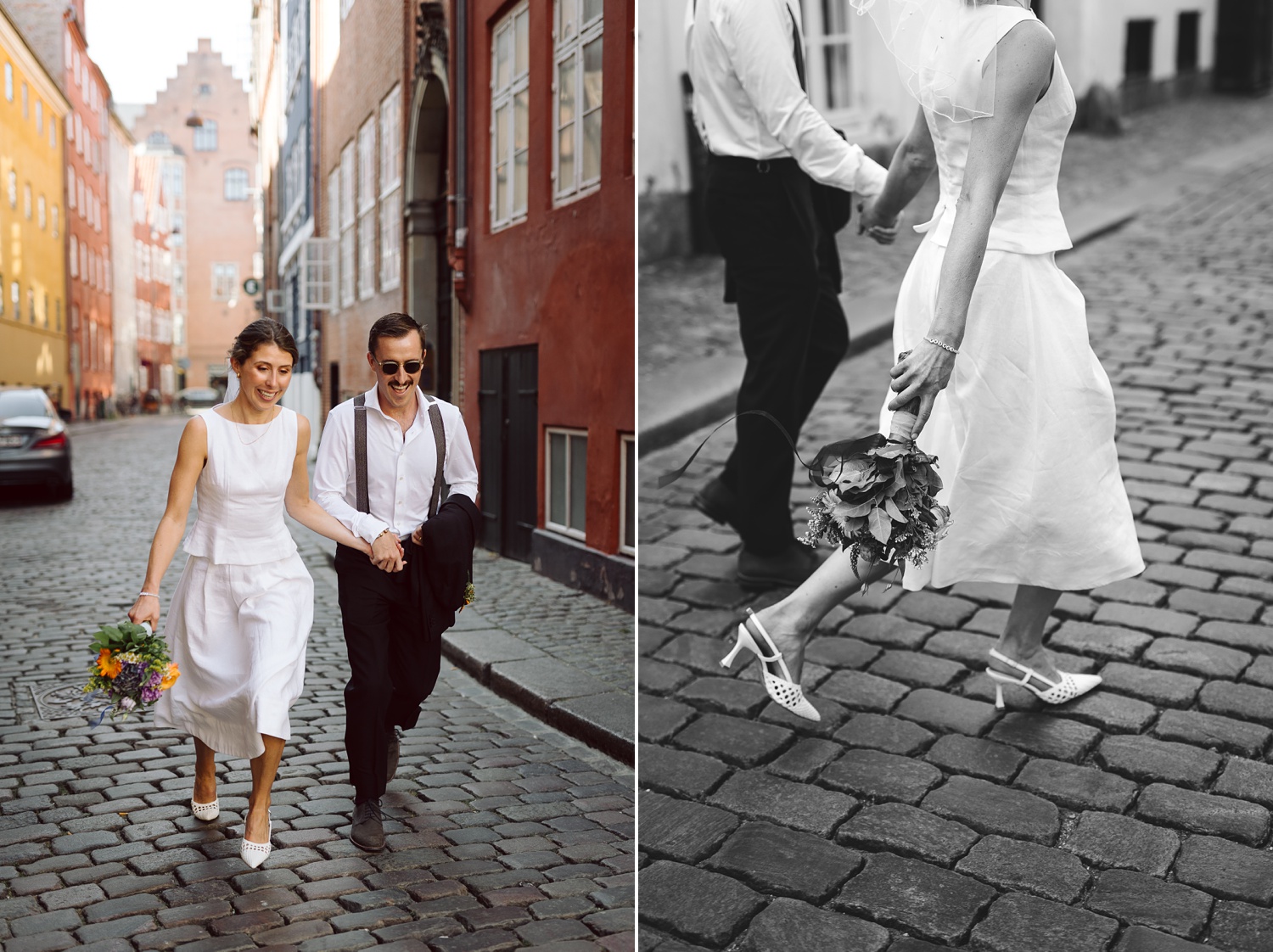 Bride and groom walking through the streets of Copenhagen – Candid city portraits as the couple strolls past colorful buildings and historic cobblestone streets