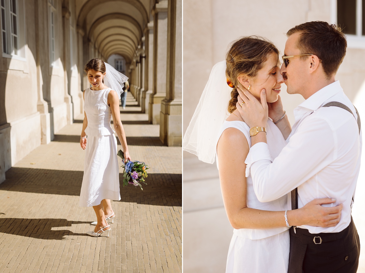 Bride and groom walking through the streets of Copenhagen – Candid city portraits as the couple strolls past colorful buildings and historic cobblestone streets.