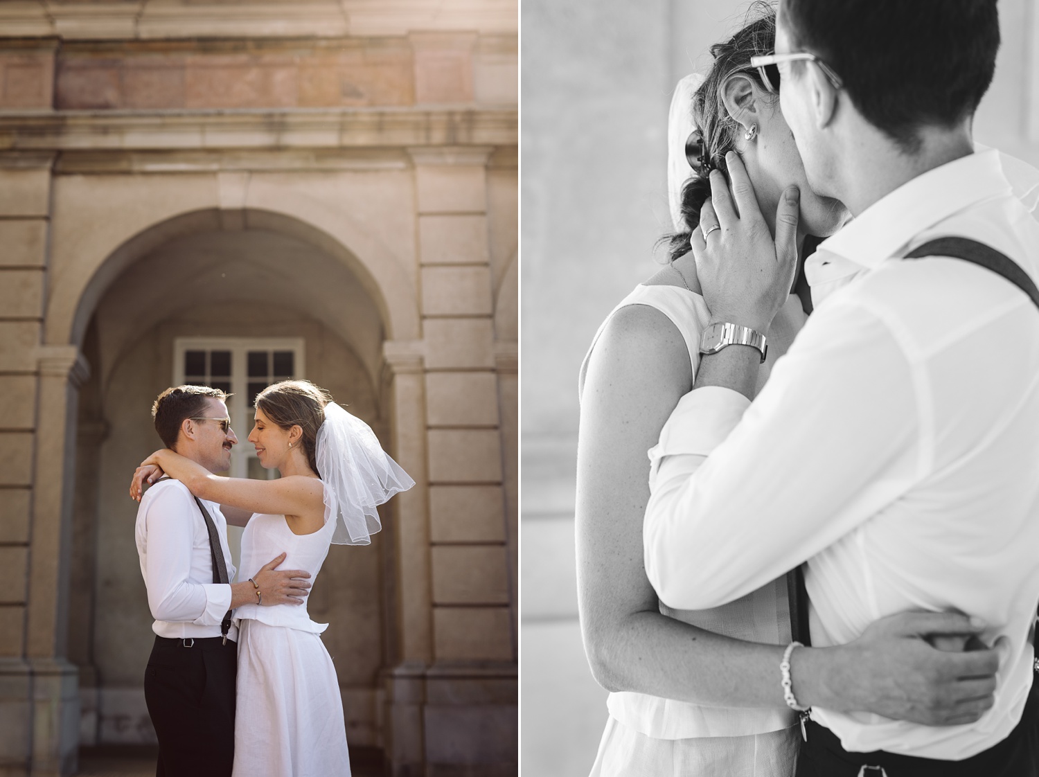 Bride and groom walking through the streets of Copenhagen – Candid city portraits as the couple strolls past colorful buildings and historic cobblestone streets.