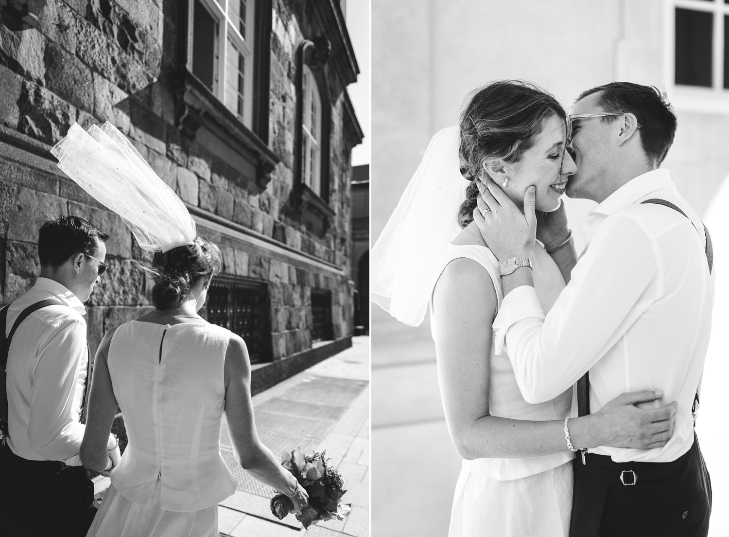 Bride and groom walking through the streets of Copenhagen 