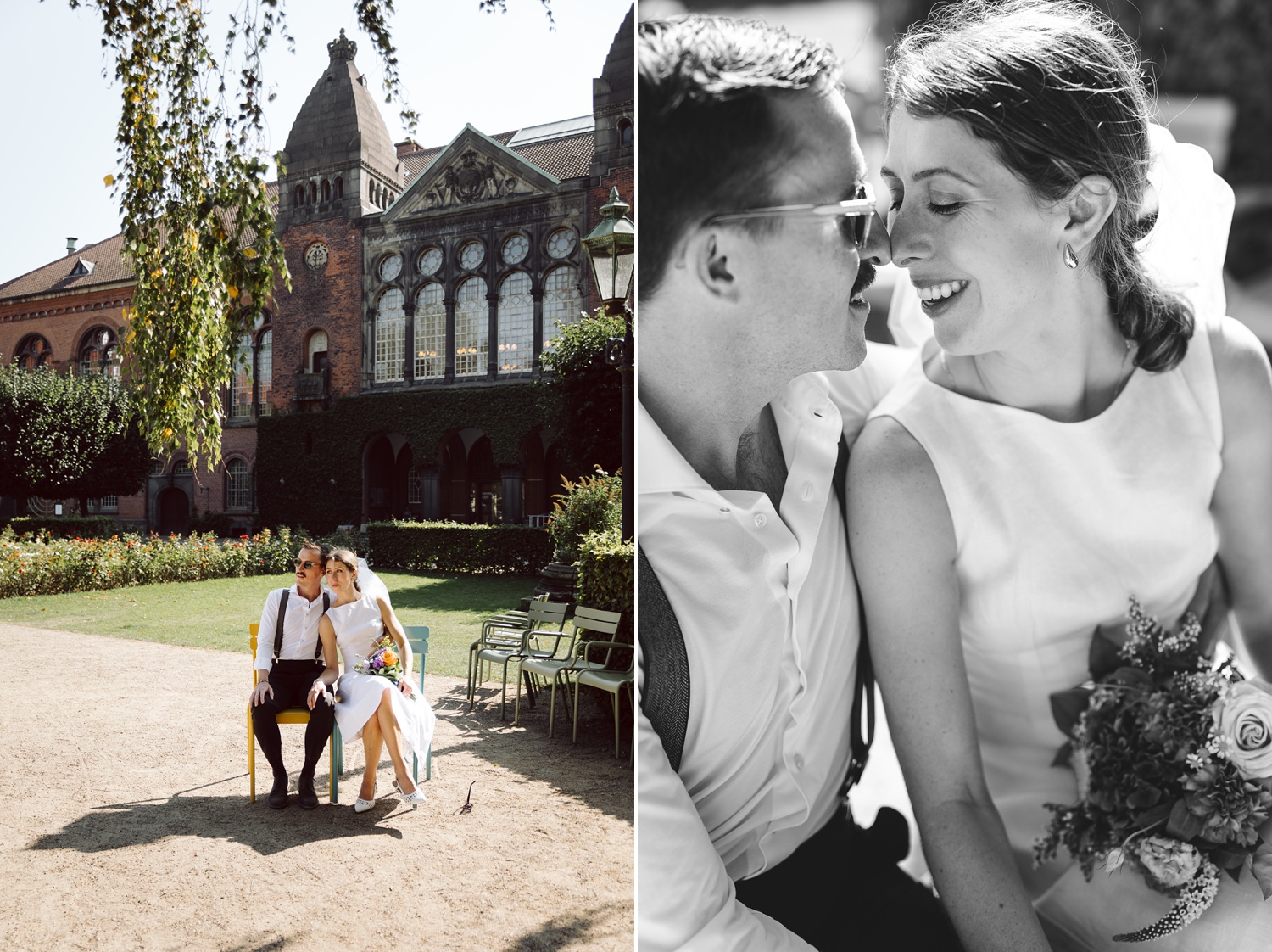 Romantic wedding portraits at the Royal Library Garden, perfect for an elopement in Copenhagen