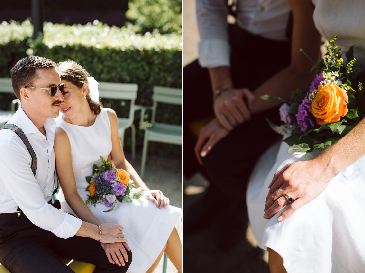 Romantic wedding portraits at the Royal Library Garden, Copenhagen – The couple shares a quiet moment among lush greenery and autumn leaves in this hidden gem of a park